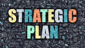 Strategic Plan Concept. Modern Illustration. Multicolor Strategic Plan Drawn on Dark Brick Wall. Doodle Icons. Doodle Style of Strategic Plan Concept. Strategic Plan on Wall.